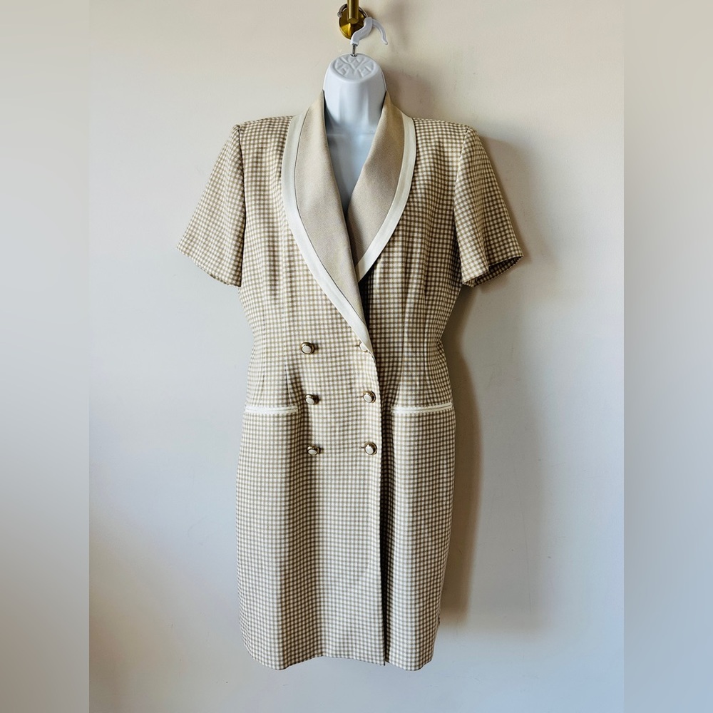 Vintage Tan & Cream Trim Double Breasted Blazer Style Dress Size 12 - Picture 7 of 10